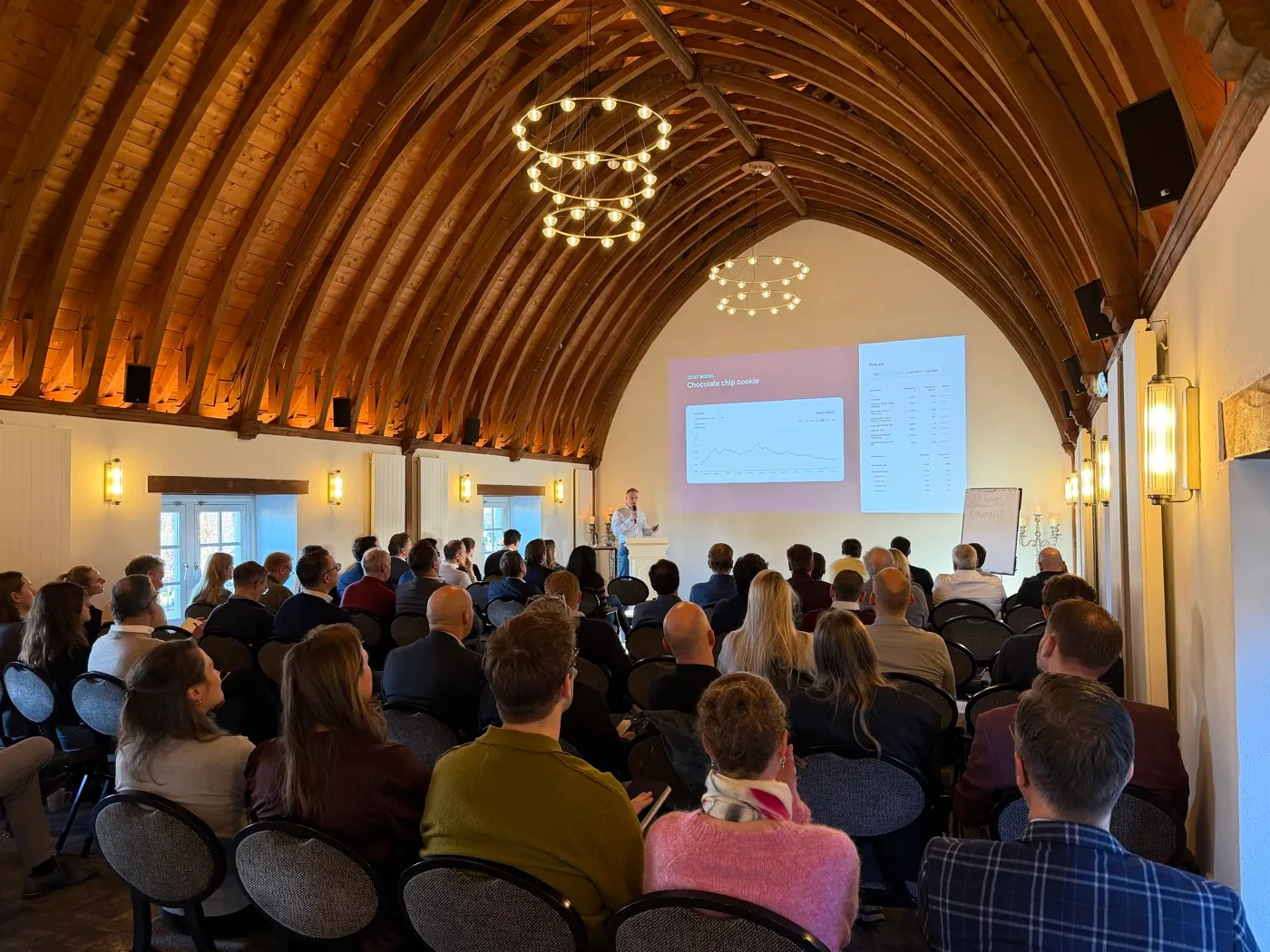 A full room of food-industry professionals at Vesper's bakery procurement event in the hall at Kasteel Woerden.