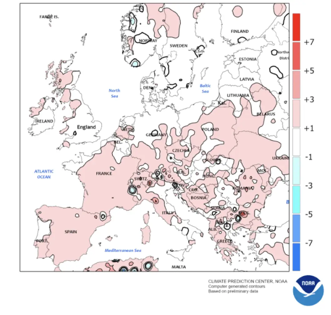 EUROPE - Temperature Anomaly (C) June- August 2023, according to NOAA