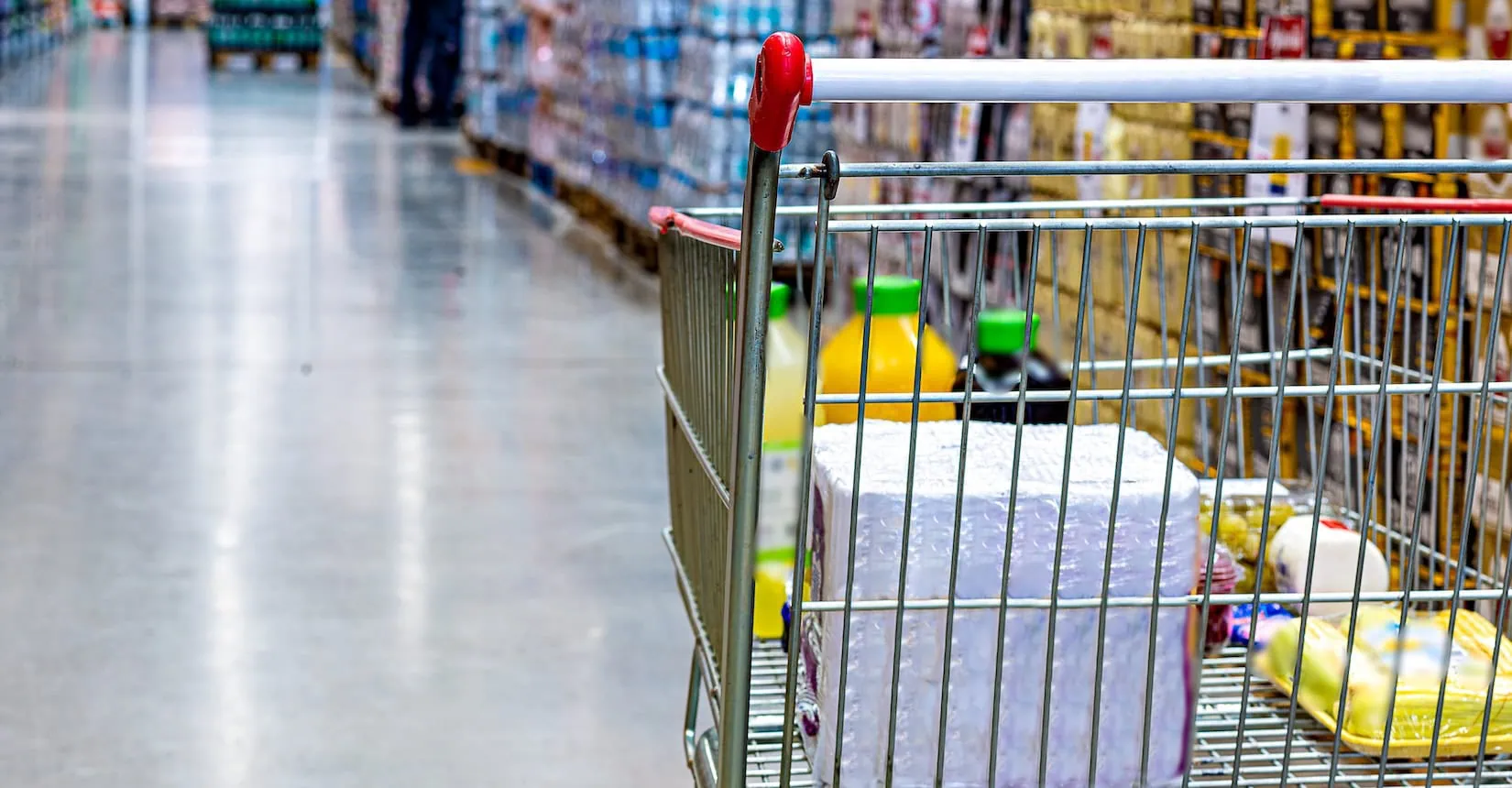 Food and products in shopping trolley
