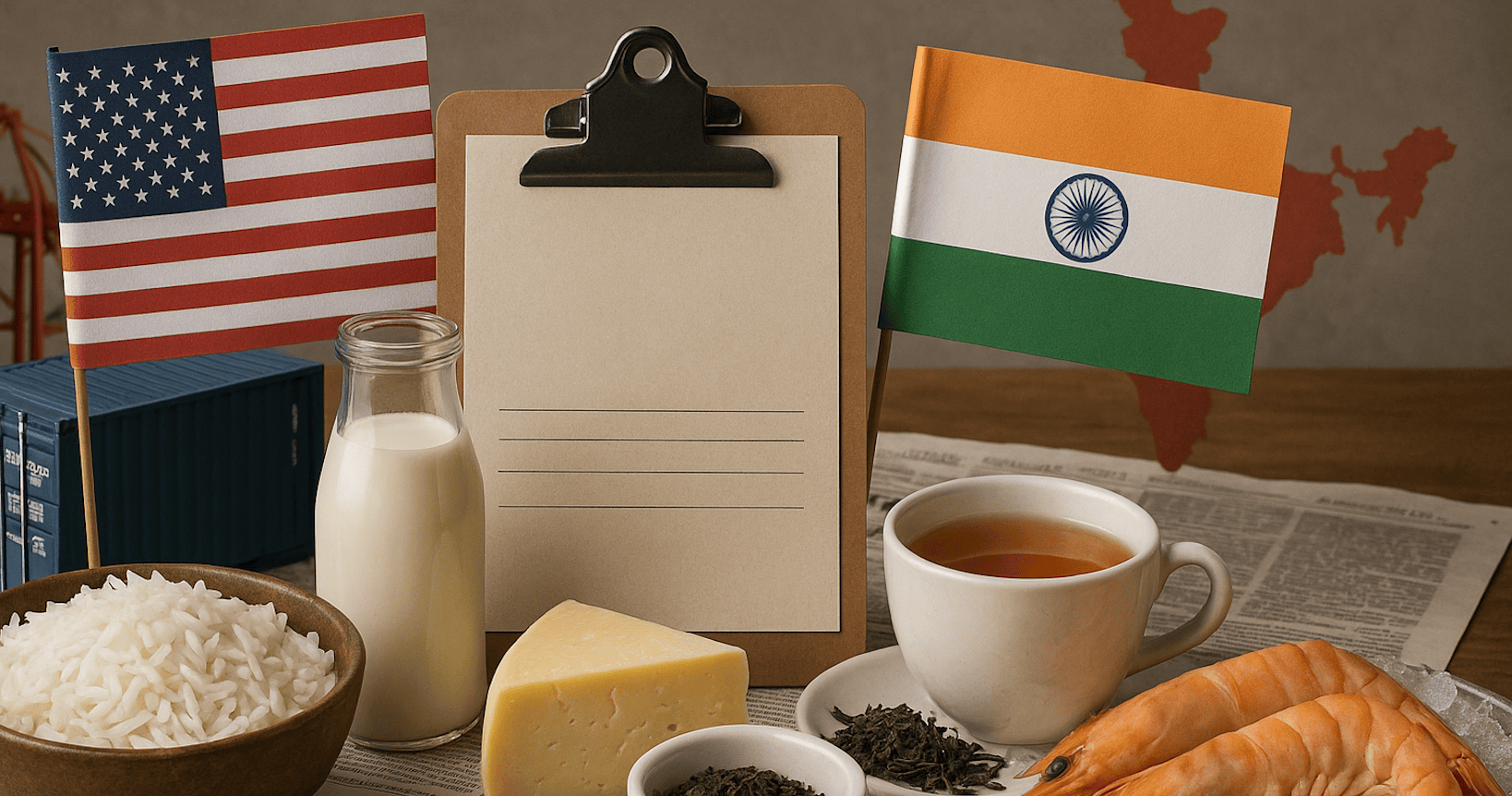 Food in front of US and Indian flags